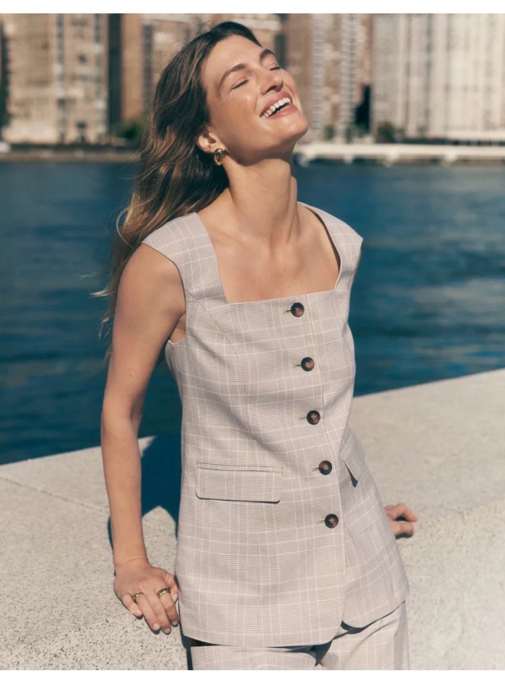 Ann Taylor Plaid Button-Front Sleeveless Suit SET in Light Gray plaid.